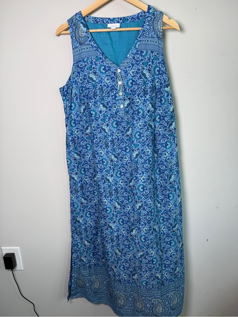 purejill Cotton Blue Block Print Botanical Tank Dress Side Pockets Resortwear M
